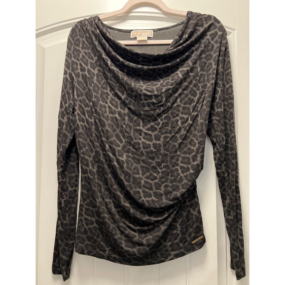 Michael Michael Kors Women’s Leopard Print Cowl Neck Pullover Top Size P/S Black